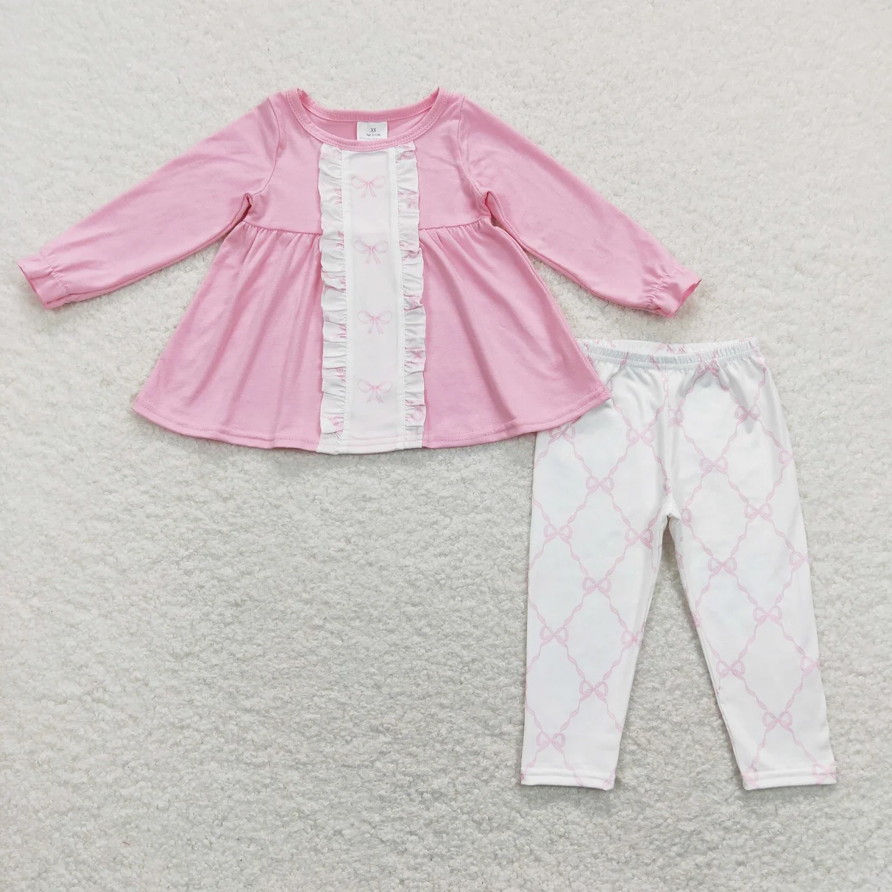 

Wholesale Baby Girl Set Cotton Long Sleeves Pink Ruffle Tunic Bows Leggings Pants Children Kids Two Pieces Toddler Outfit