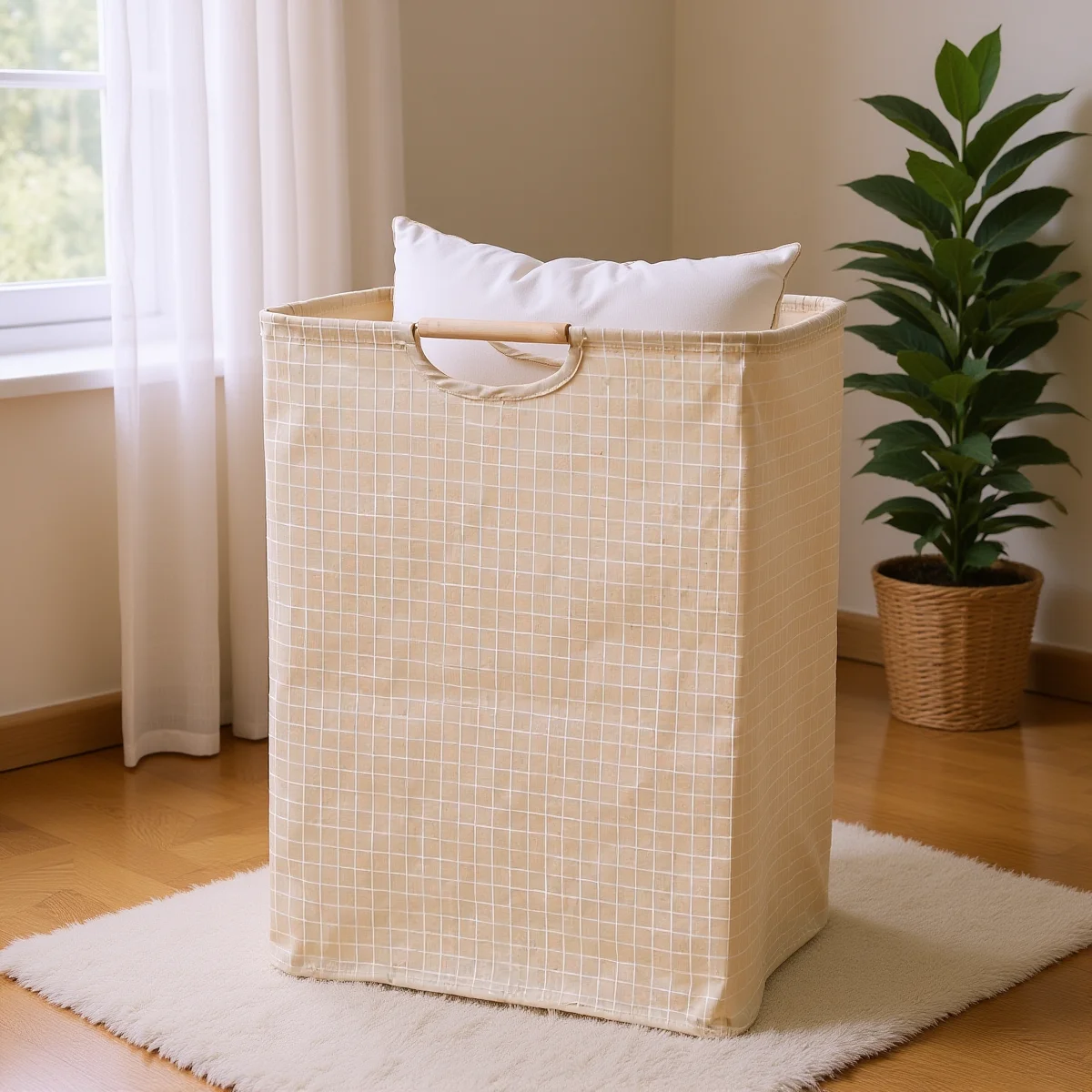 折りたたみ式コットンリネンランドリーバスケット、木製ハンドル付き、防水収納ハンパー、家庭用寝室、浴室用