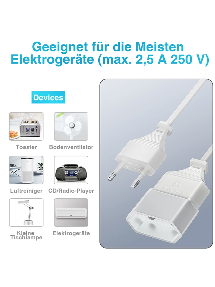 2 szt. 1m EU kabel zasilający przedłużenie kabla wtyczka Euro do gniazda Euro 2.5A/250V do urządzeń multimedialnych lub domowych