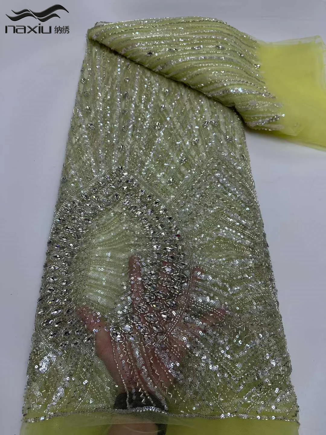 

Madison Nigeria Beads Heavy Lace African Stones Mesh Lace Fabric High Quality Sequins Lace Fabric Wedding Dress for Women 5 ards