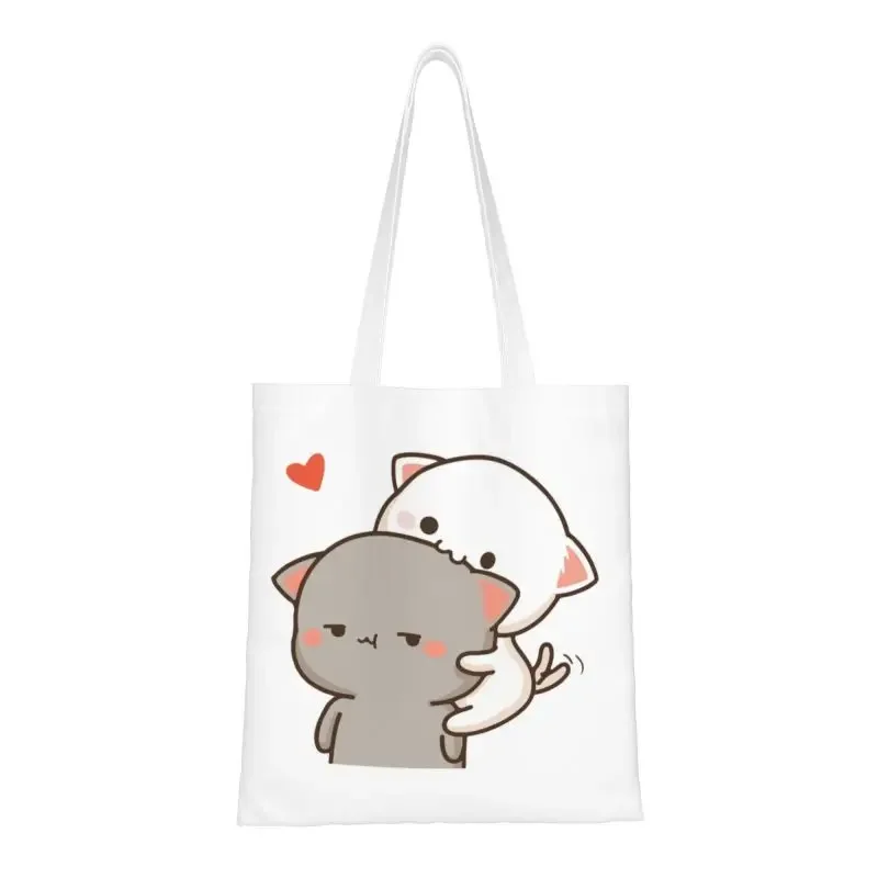 

Peach Eating Goma Mochi Cat Nom Grocery Shopping Bags Printed Canvas Shopper Tote Shoulder Bag Big Capacity Portable Handbag