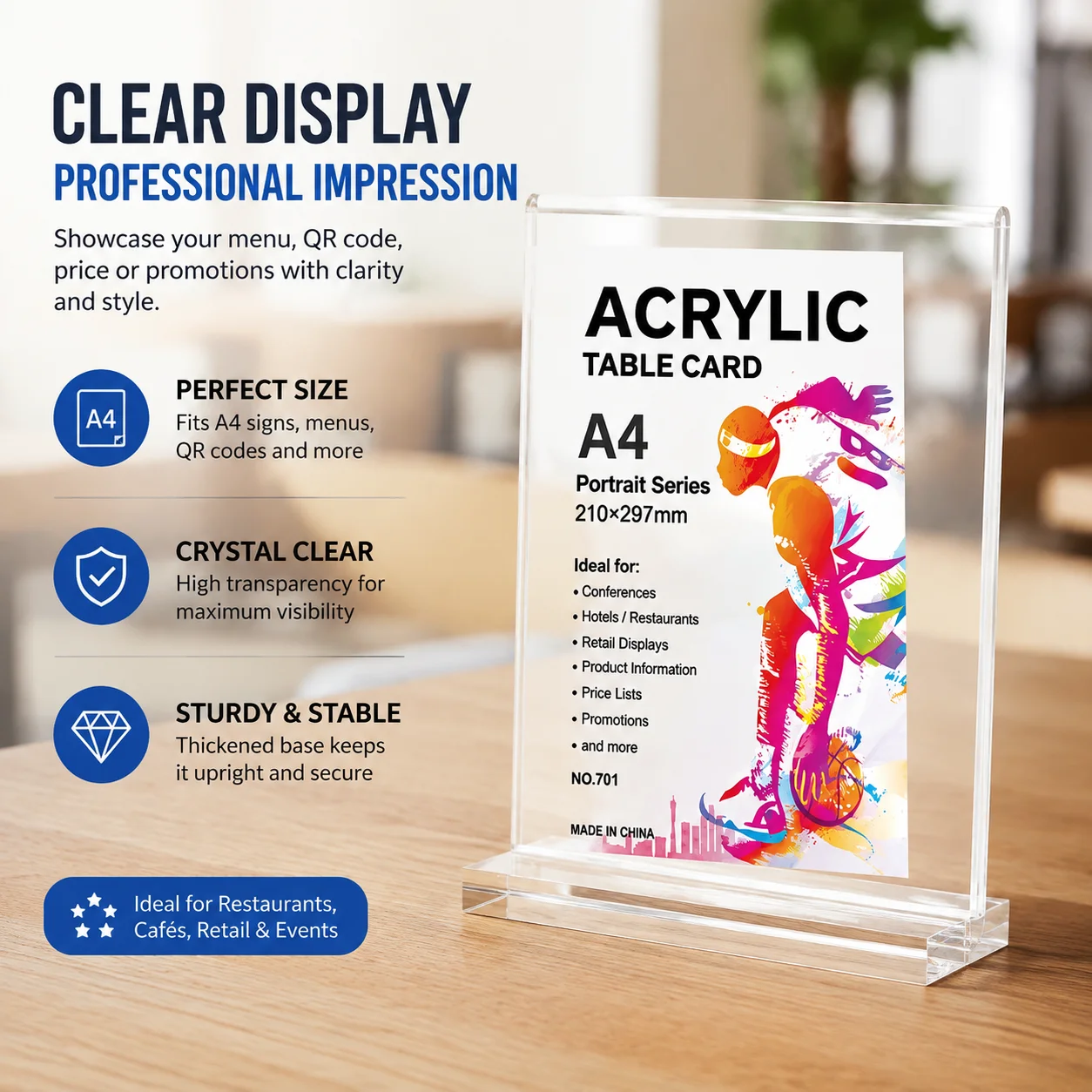 Acrylic Tabletop Display Stand Vertical Clear A4 Sign Holder for Restaurant Menu, QR Code, Price Tag Advertising