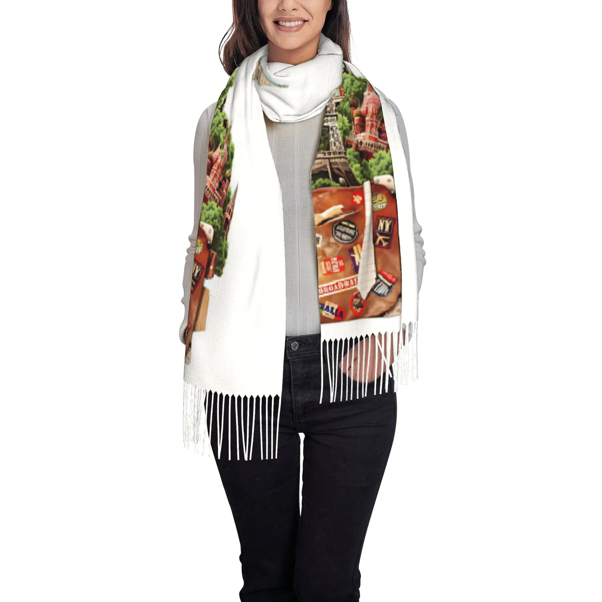 Custom Print Global World Landmark Vintage Travel Suitcase Print Scarf  Men Women Winter Fall Warm Scarves  Shawl Wrap