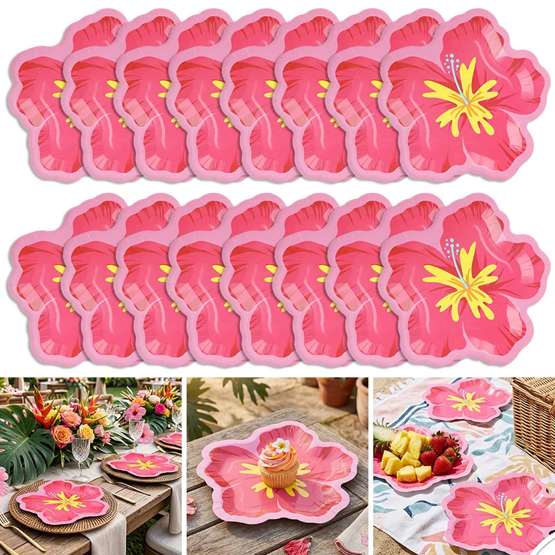 10/20Pcs Summer Party Hibiscus Flower Shaped Paper Plate Hawaiian Luau Tropical Birthday Party Table Decoration Supplies Wedding