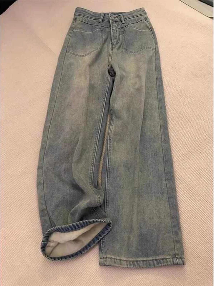 

Women's Velvet Straight Jeans Autumn Winter Vintage High Waist Wide Leg Thicken Trousers Female Oversized Warm Denim Pants