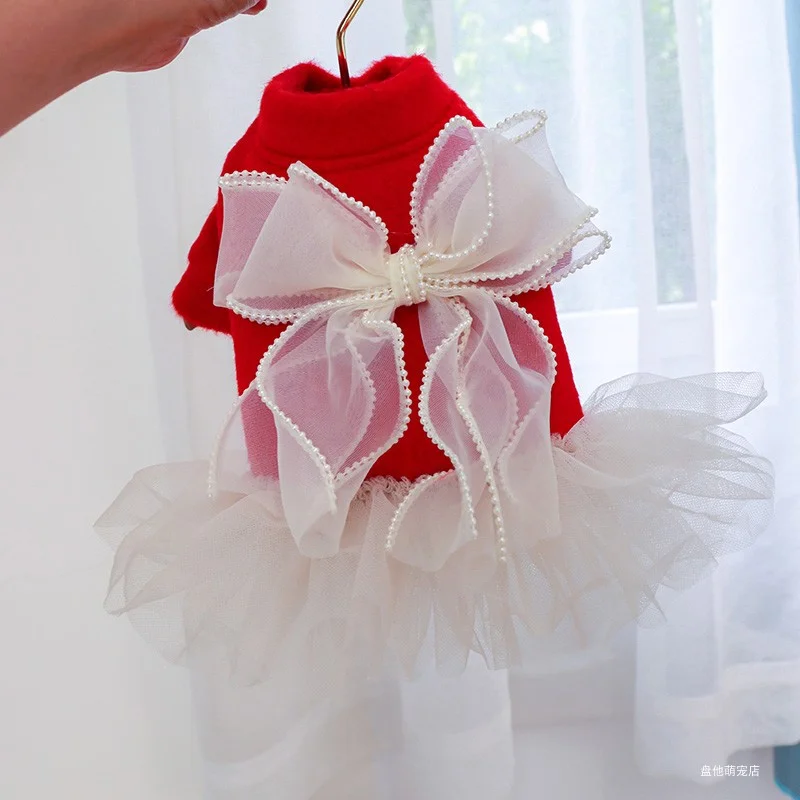 1PC Pet Clothing Cat Autumn Winter Thickened Warm New Year Red Bow Pearl Princess Dress Suitable for Small and Medium sized Dogs