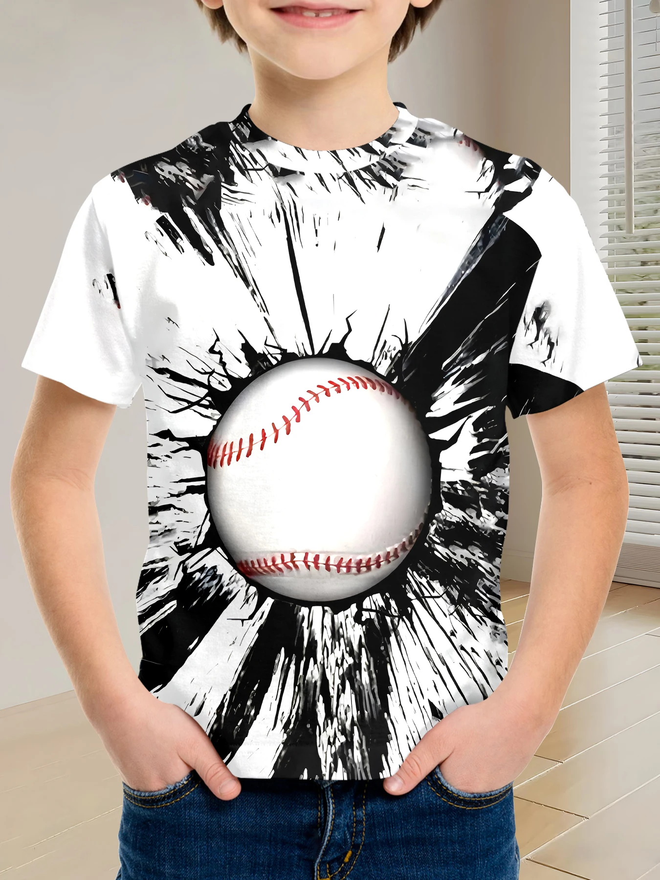 

Children's Baseball-Themed T-Shirt with Vibrant Sports Graphics, Trendy and Cool Summer Wear
