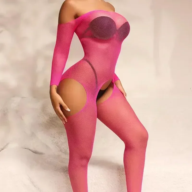 Bodystocking transparente crotchless de uma peça para sexo, lingerie sexy, fantasias eróticas, meias de corpo inteiro, bodysuit rosa, sexy