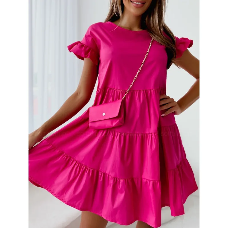 Summer Commuter Women's Short Sleeved Dress Simple Solid Color Round Neck Loose Flare Sleeve Dress Casual Holiday Party Dress