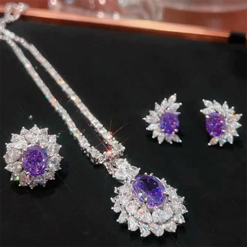 

New Exquisite Oval Amethyst Zircon 925 Silver Color Women Ring Earring Necklace Luxury Banquet Wedding Trendy Jewelry Sets