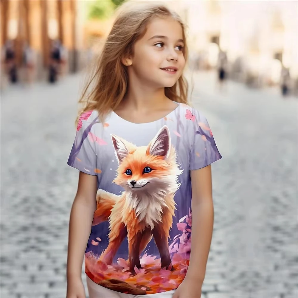 Female Child Clothes Print Animal Fox Cartoon Crew Neck Short Sleeves Graphic T Shirts Summer Fashions Outdoor T-Shirt for Girls