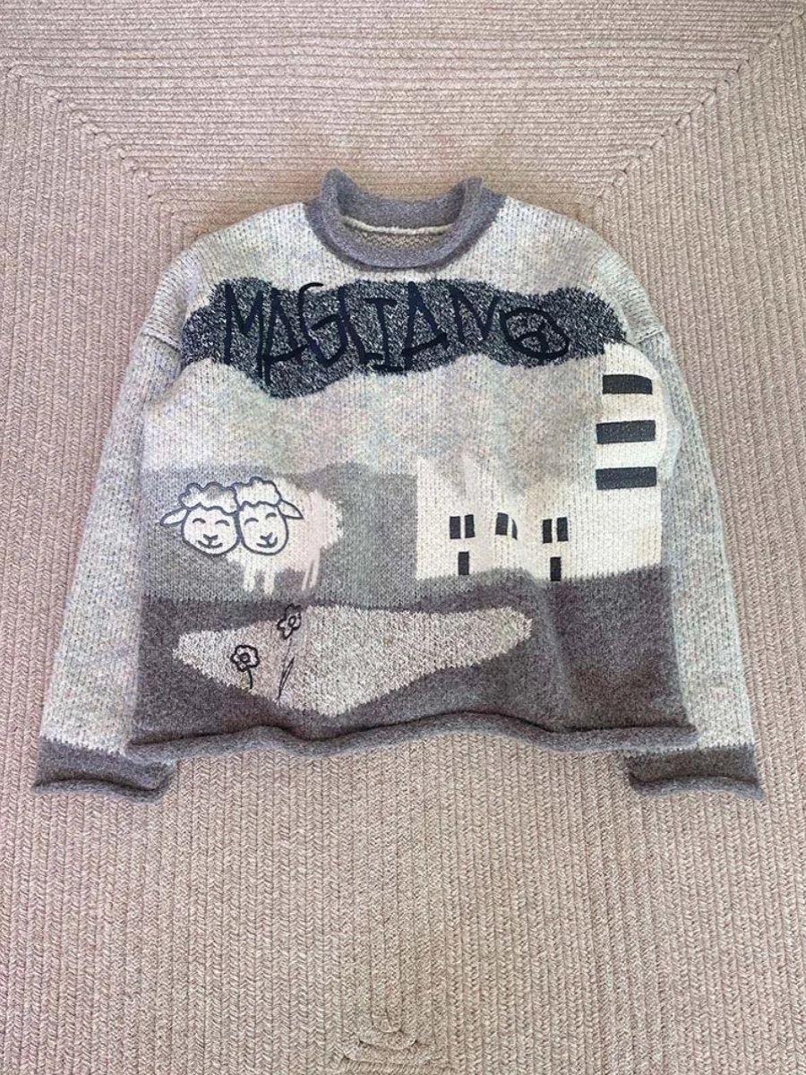 Lässiger Strickpullover, rund, Patchwork, Wollmischung, mit Bündchen, lockere Passform, Winter-Top, Damen, koreanisches SLE-Polyesterfaser