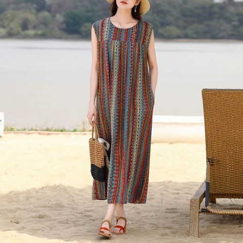 Imagen 2 del producto Nueva moda Casual Vintage vestido de verano para mujeres 2025 vestidos sueltos sin mangas cuello redondo ropa de mujer