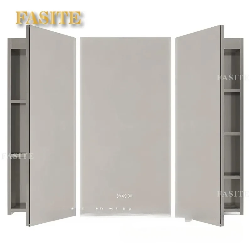 For Stainless Steel Mirror Cabinet Wall Mounted Smart Sensor Light Storage Cabinet with Top Parallel Lighting and Separate