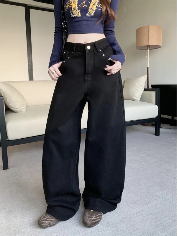 

Американские джинсы с широкими штанинами и заклепками, женские повседневные джинсы свободного покроя с высокой талией длиной до пола, осенний сезон
