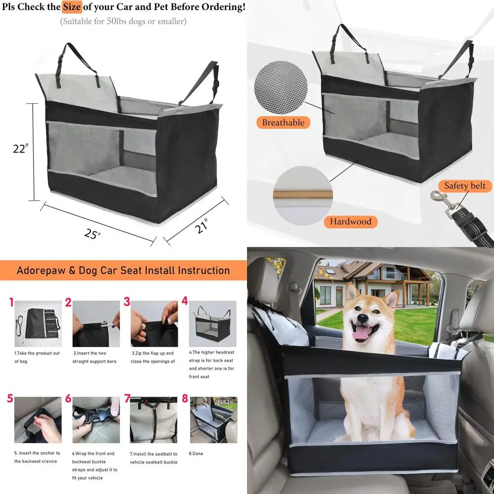

Large Waterproof Dog Car Seat with Breathable Mesh, Adjustable Seat Belt, Non-Slip Bottom for Medium Dogs
