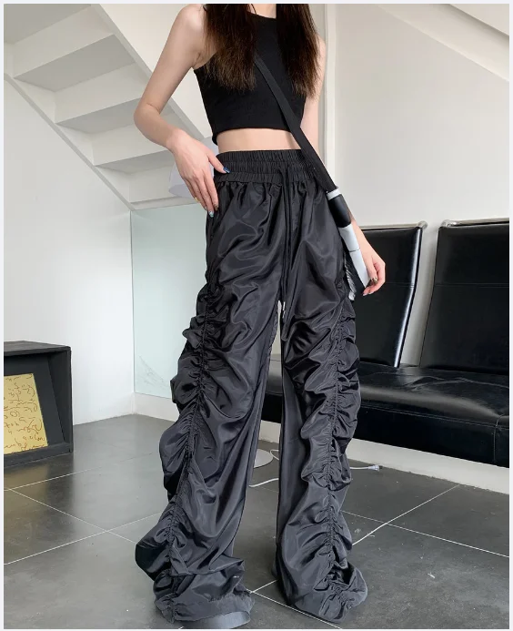 

Cargo Pants Women Floor-length Chic High Waist Shirring All-match Hip-hop Streetwear Korean Fashion Loose Fit Spring Trousers