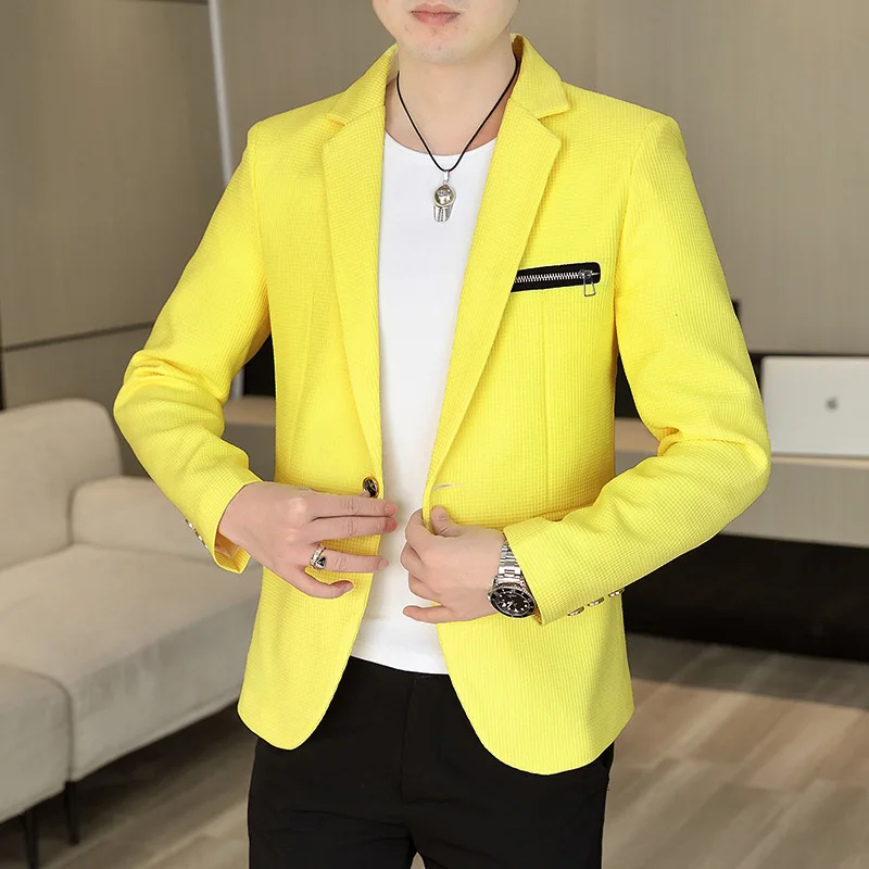 

HOO 2024 Men's New Color Matching blazer Youth Casual Zipper Pocket Slim Fit Fashion Casual blazer