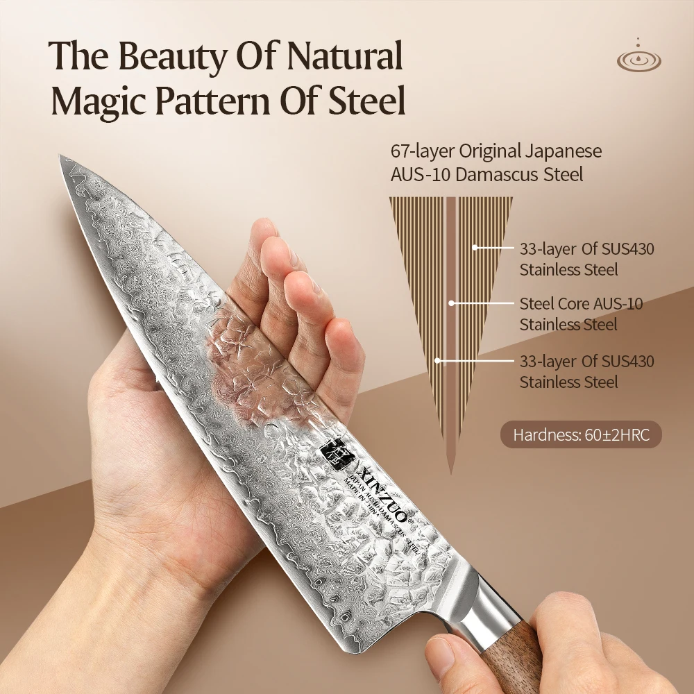 XINZUO 8.5 Inches Chef Knife Japanese AUS-10 Damascus Steel Kitchen Knives 60±2HRC Stainless Steel Slicing Meat Cooking Knife