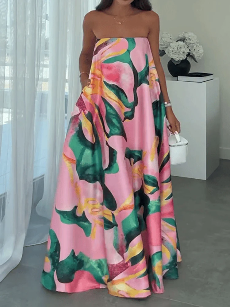 Elegancka sukienka bez ramiączek i rękawów, idealna na wakacje, damska moda, wzorzysty nadruk, drapowana długa sukienka 2026, seksowna sukienka bez pleców, luźna sukienka w stylu bohemy.