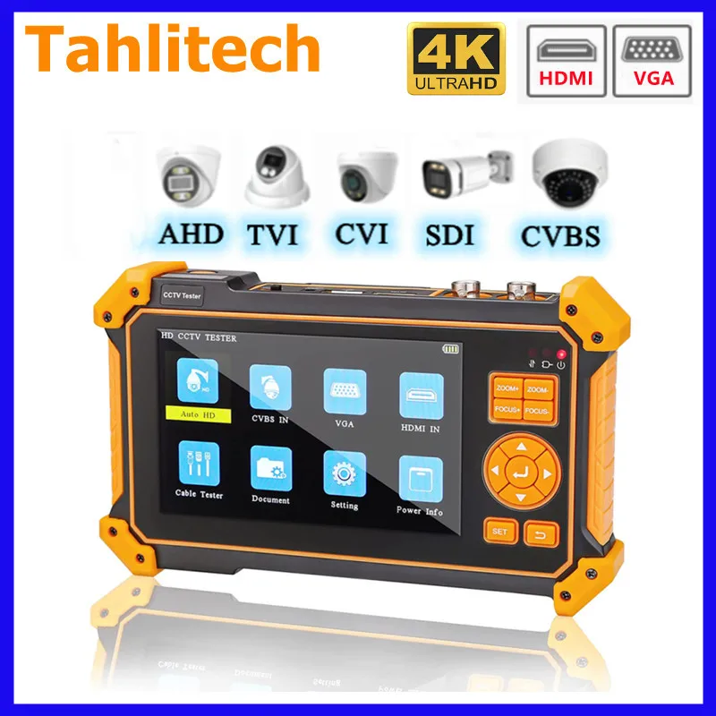 

Tahlitech CCTV Tester Camera HD Coaxial 4K 8MP ADH TVI CVI CVBS Camera Tester with Cable Tester 5 inch TFT-LCD Screen Monitor