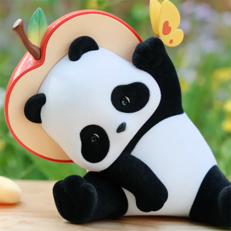 Super cute 52TOYS Panda Roll Limited Edition Small-minded Panda with Apple Hat, Flocked Toy, about 14cm height