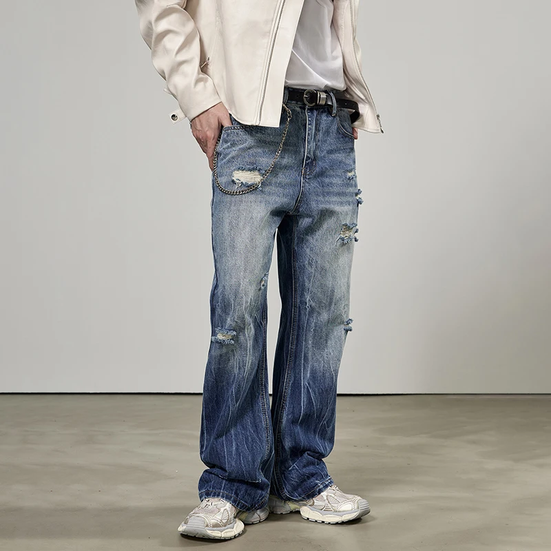 2024New Ripped Jeans Men's Personality Fashion Design American High Street Style Loose Straight Flare Pants