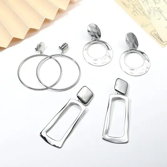 Clip-Ohrringe für Damen, große geometrische quadratische, rechteckige, runde Clip-Hängeohrringe, nicht durchbohrte Ohrringe, Set – Detail 4