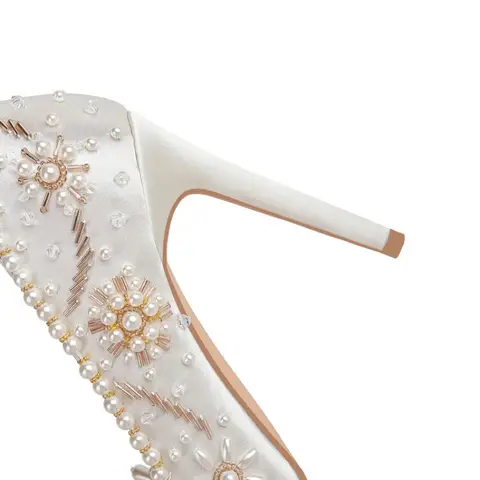 Handsydda Pärl Strass Vit Bröllopsklänning Bröllopsskor Visa Stil 10,5 cm Högklackade Bankettklänning Mode Högklackade Skor 8 best sales elfenbensvita bröllopsskor - №7