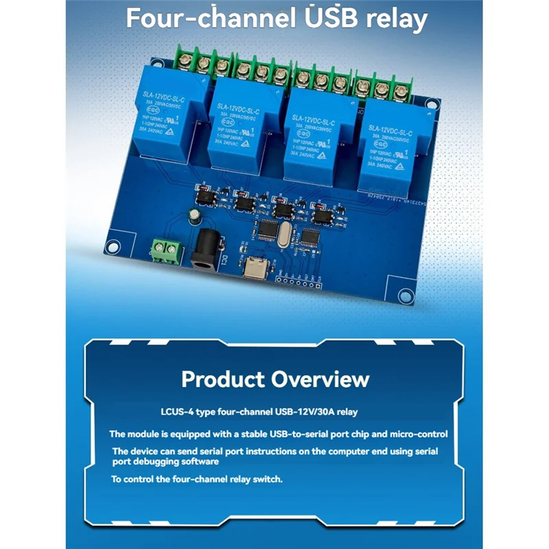 N82R USB-Computer Serial Port Relay Module 4CH 12V 30A USB-C Relay Module Onboard CH340T Chip Intelligent Control Switch