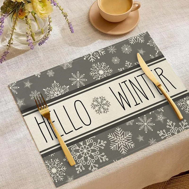 VIKAMA Linen Placemats Hello Winter Snowflakes, Blue White, Stain Resistant Easy to Clean, Dining Table Holiday