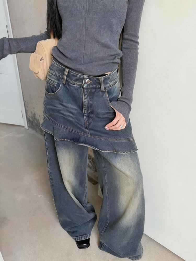 Vintage fart curtain denim skirt pants women 2025 new winter loose design good-looking high waisted wide leg pants