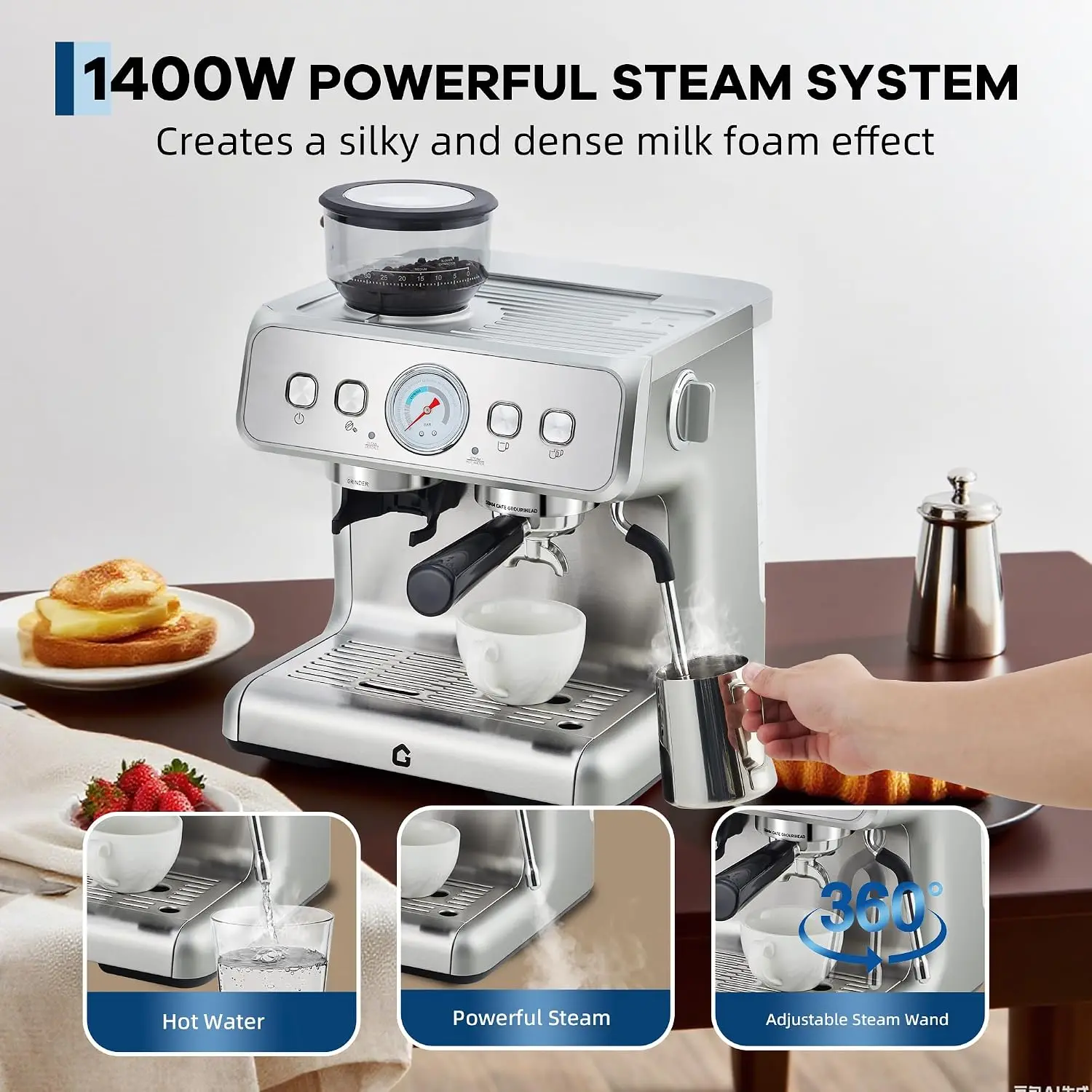 Vielseitige Kaffeemaschine mit Kegelmahlwerk – 20 Bar Druck, 30 Mahlstufen – 2,8L Wassertank – Dampfschlauch, Druckanzeige – Einfache Reinigung – Edelstahl, Silber