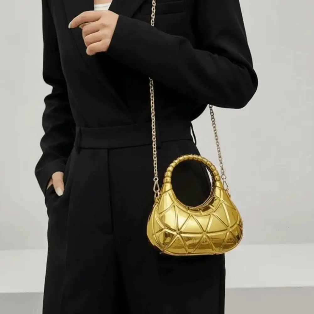 

Mirror-like Surface Metallic Crescent Clutch Solid Construction Integrated Top Handle High-Shine Moon Bag Magnetic Buckle