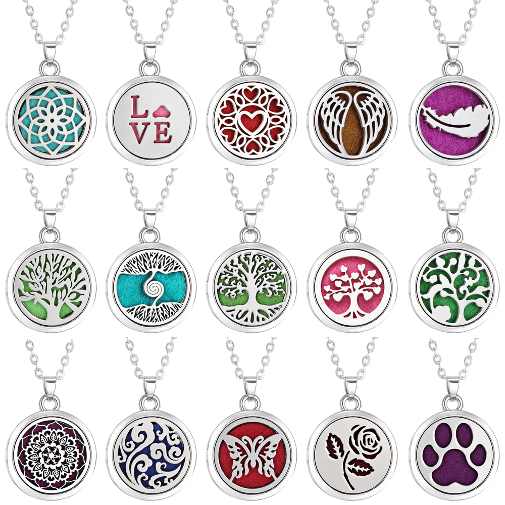 Aromatherapy Diffuser Necklace with 10pcs Pads Flower Tree Cat Paw Wings Perfume Essential Oil Diffuser Pendant Necklace Lockets