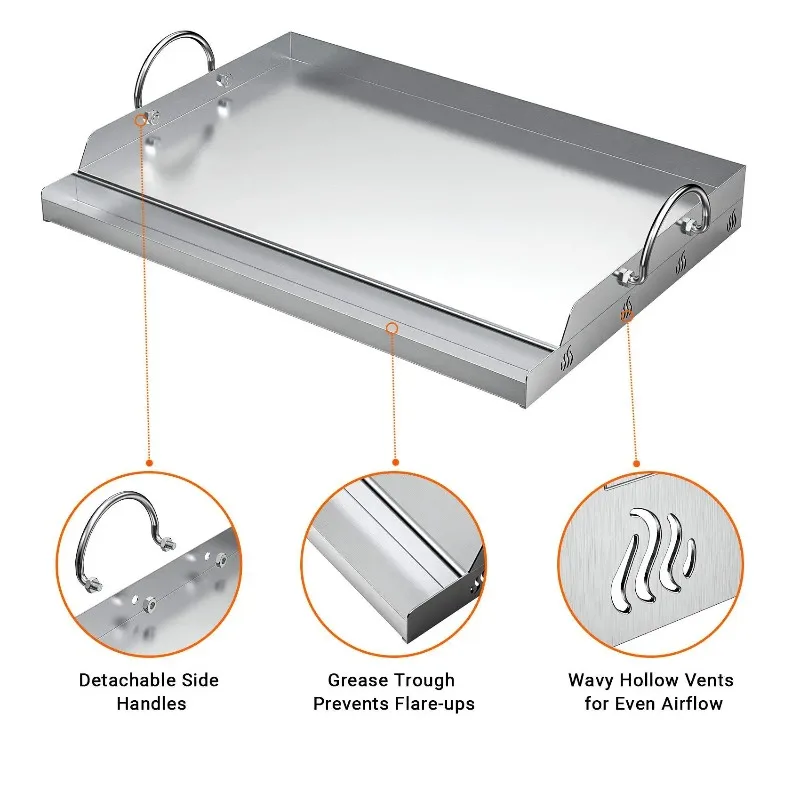 Universal stainless steel cooking grill with flat top plate inserts with grease slots and handles