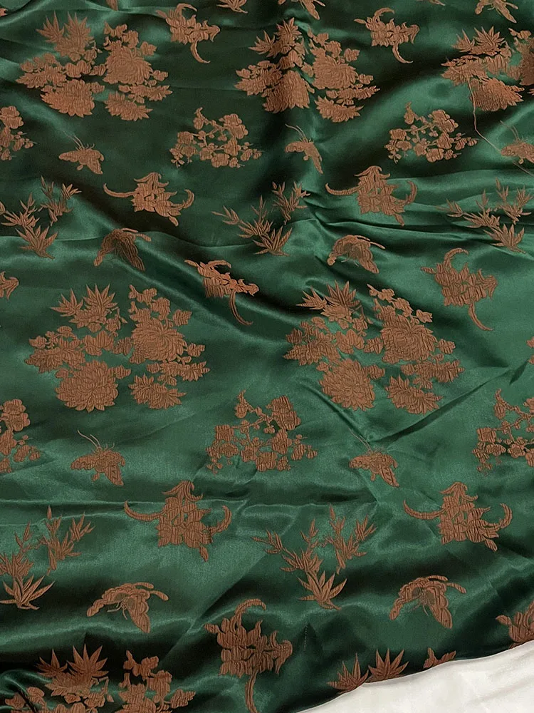 

30Momme High Quality Real Silk Elastic Jacquard Fabric Green Satin Contrast Color Guanle Crepe Flower Cheongsam Qipao Cloth