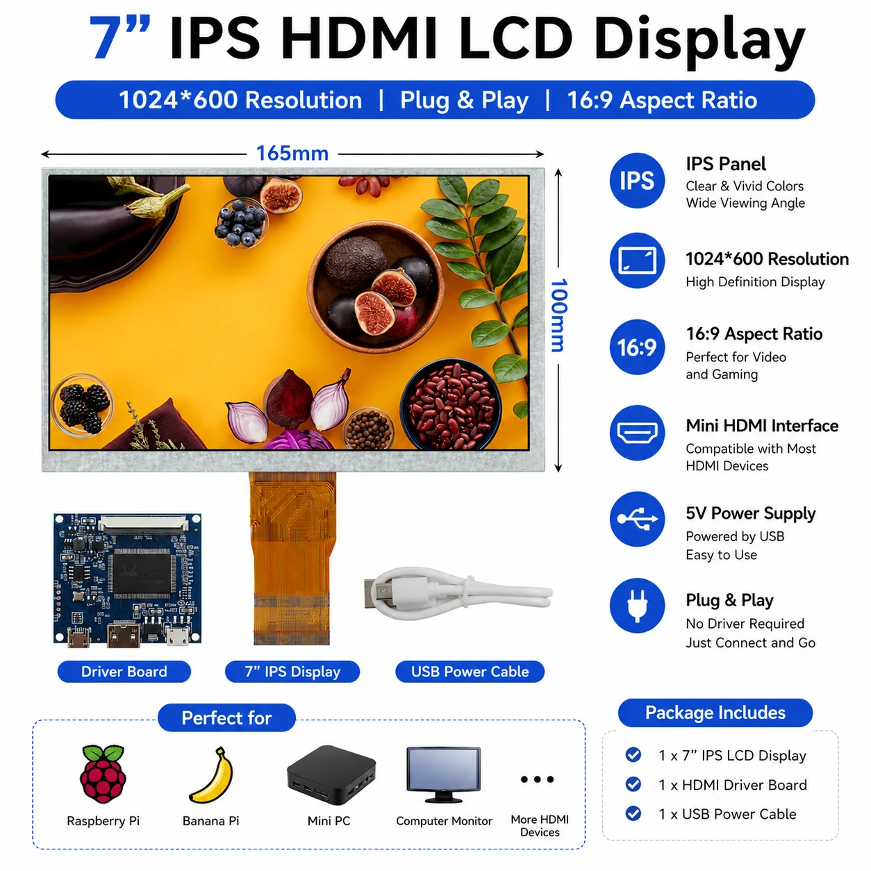 

7-inch IPS LCD display Screen module Mini HDMI driver control board Raspberry Pi/Banana/windows auxiliary portable monitor