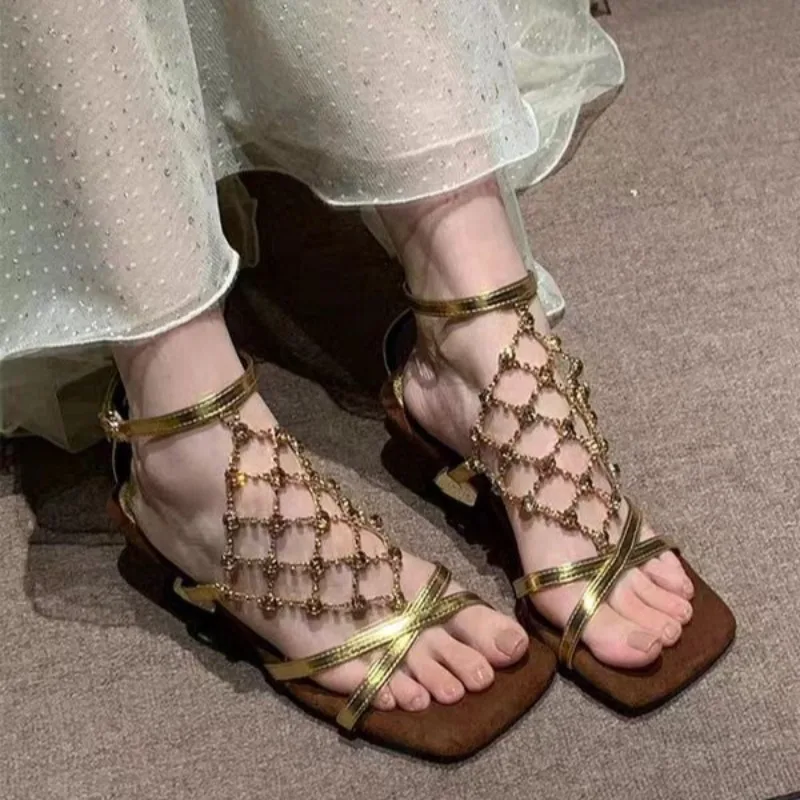 

Fashion Designer Women Shoes Exquisite Rhinestone Roman Sandals for Woman Elegant Square Head High Heeled Sandal Sandalias Mujer