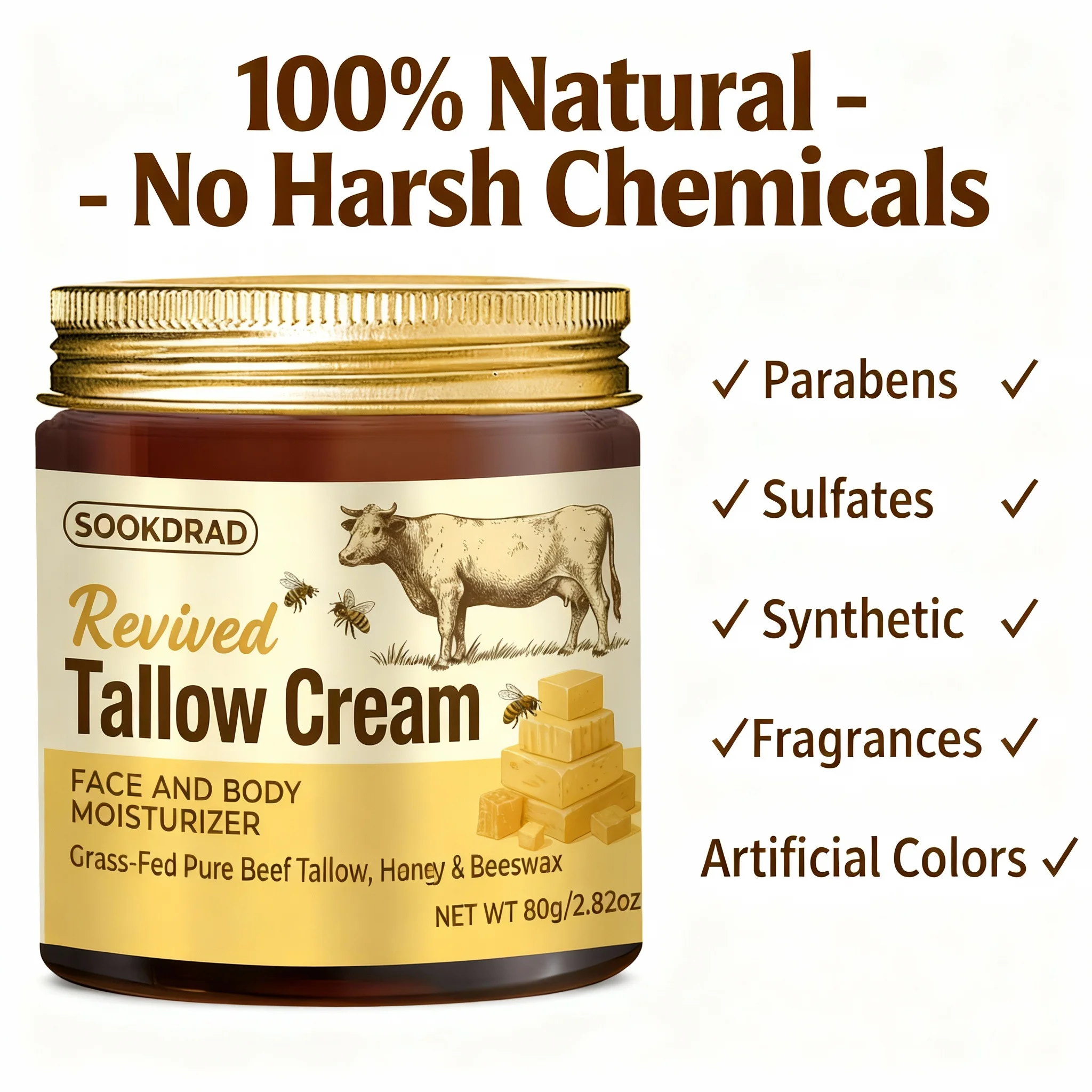 Revived Tallow Cream, grass-fed tallow honey beeswax, moisturizing, face body, all skin, daily commute, 80g