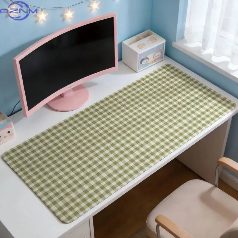 Olive Green Checkered Design Extended Desk Mat, Non‑Slip Gaming Keyboard Mouse Pad, Home Office Desktop Decor Accessory