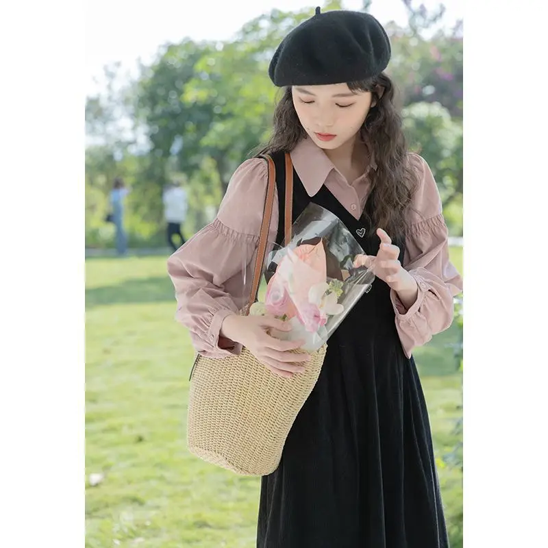 

2024 Autumn and Winter Fashion Corduroy Dress Suit with Slimming Collar Shirt and Suspender Skirt