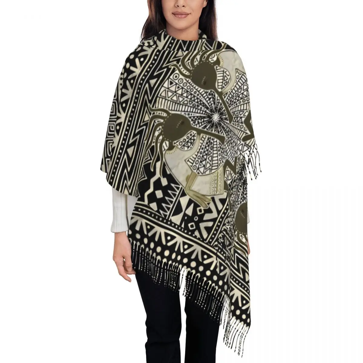 Womens Tassel Scarf Native American Kokopelli - Ethno Border Pattern Long Soft Warm Shawl and Wrap Daily Wear Pashmina Scarves