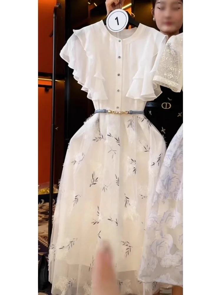 Vestido de Verão Branco E Moda Fena Saia em A de Cintura Alta Manga Curta Decote Redondo Vestido Estilo Coreano co...