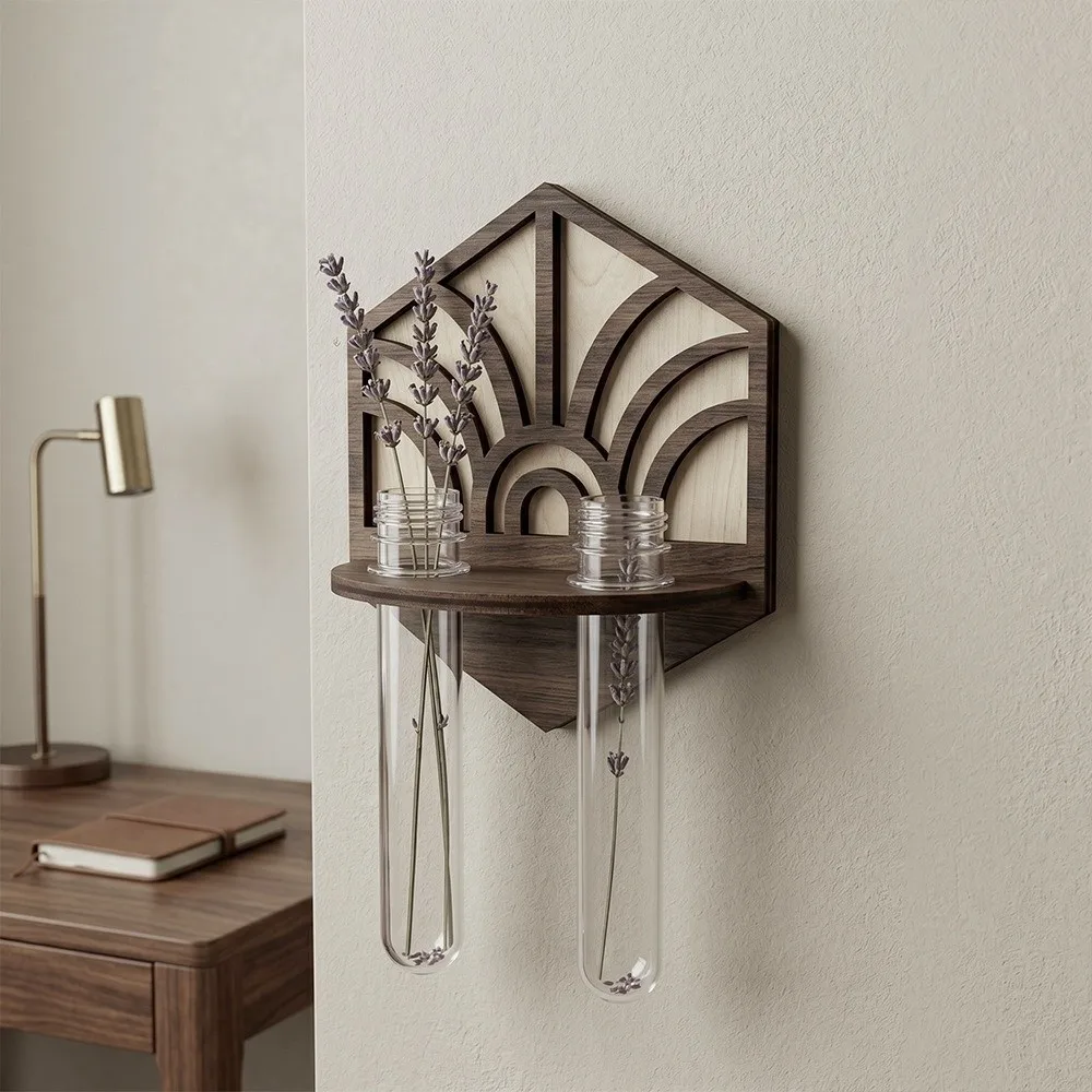 Wooden Hydroponic Plant Holder Hollow Out Wall Decoration Wall Mounted Planter Vase Geometric Water Plant Stand Indoor Cutting