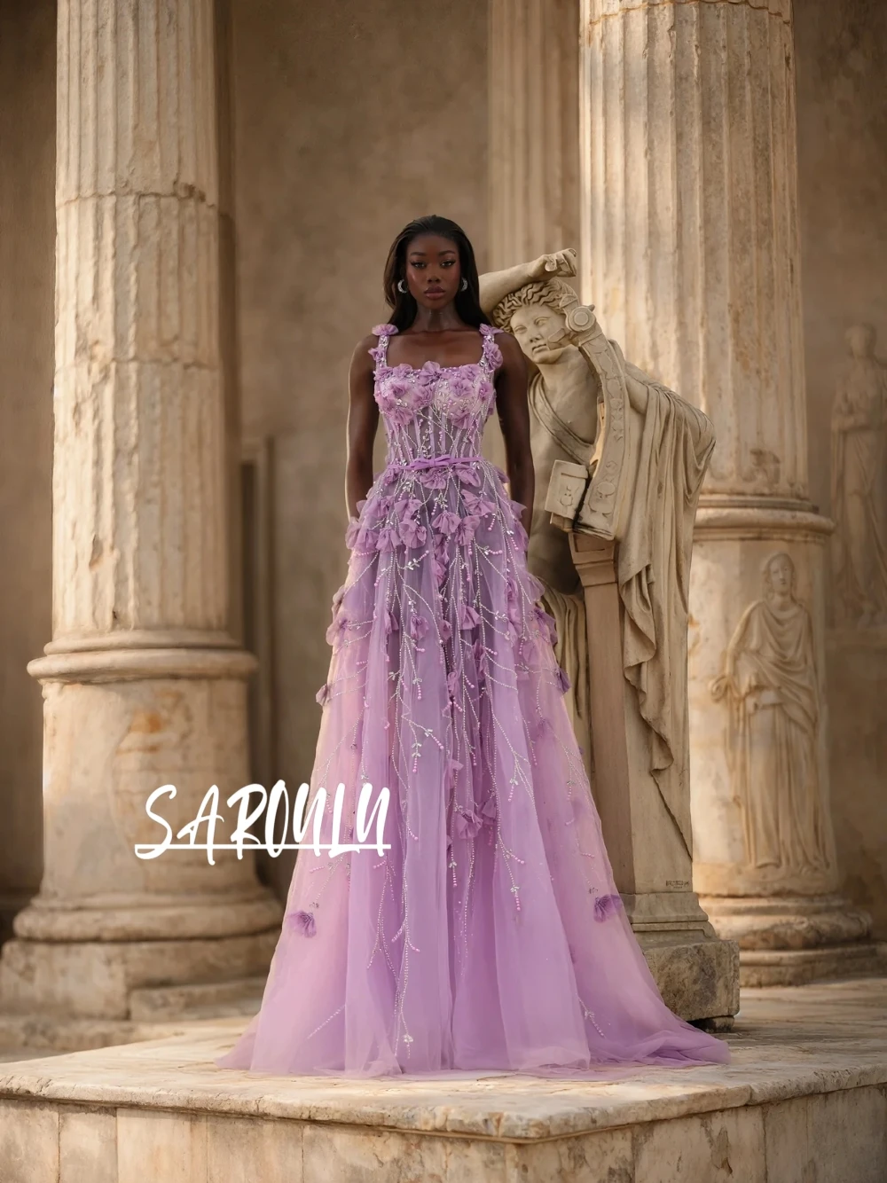 

Romantic Floral Purple Evening Dress Fantasy Elegant Beaded A Line Customized Prom Gown Gorgeous Square Neckline Cocktail Wear