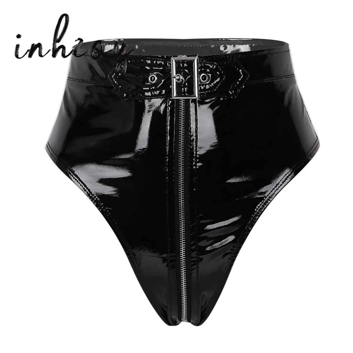 

Womens Zipper Crotch Latex Panties Sexy Glossy Patent Leather High Cut Thong Booty Shorts Wetlook Briefs Pole Dance Clubwear