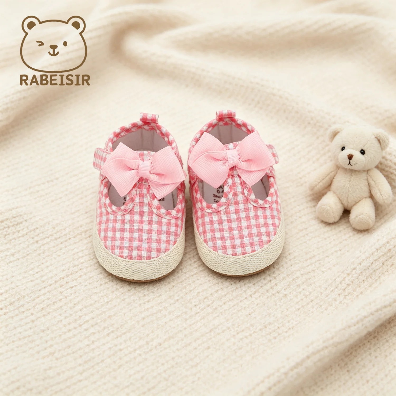 RABEISIR Baby Girls Princess Shoes Pink Plaid Bow Infant First Walkers Newborn Shoes Soft Sole Toddler Mary Jane 0-18M