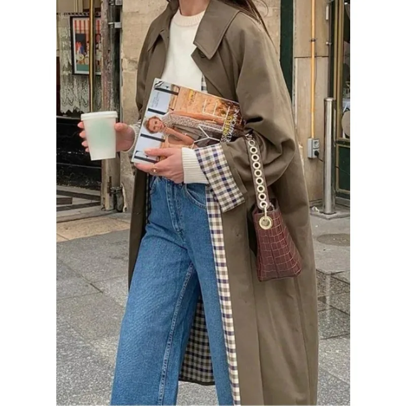 Lapel Collar Long Trench Coat Plaid Lining Single Breasted Loose Mid Length Windbreaker Women Casual Commuter Outerwear 260702