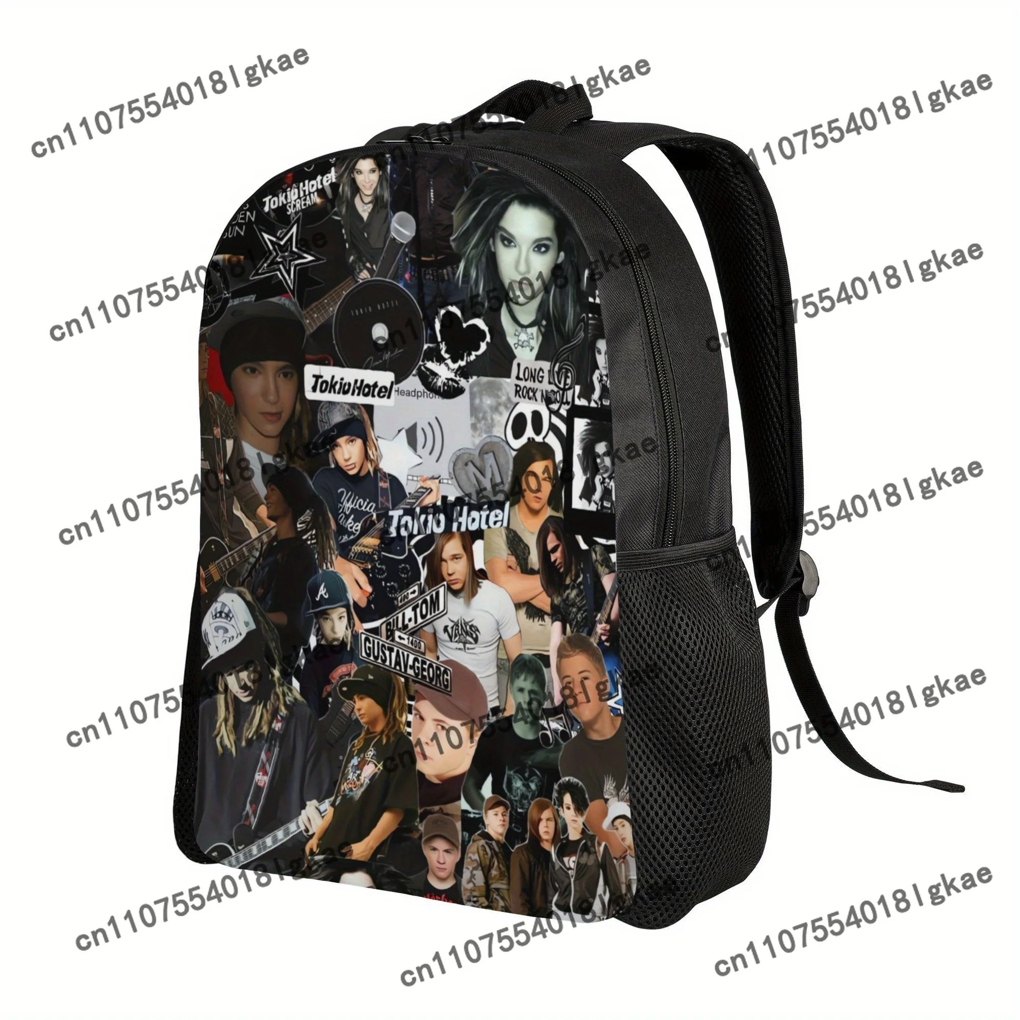 Tokio Hotel Graphic Backpack - Black, Single Layer, Fashionable Design with Band Members & Music-Themed Elements, Perfect for Co